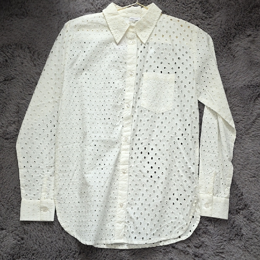 Off White Cream Eyelet Button-Down Shirt Size Relaxed Small 4